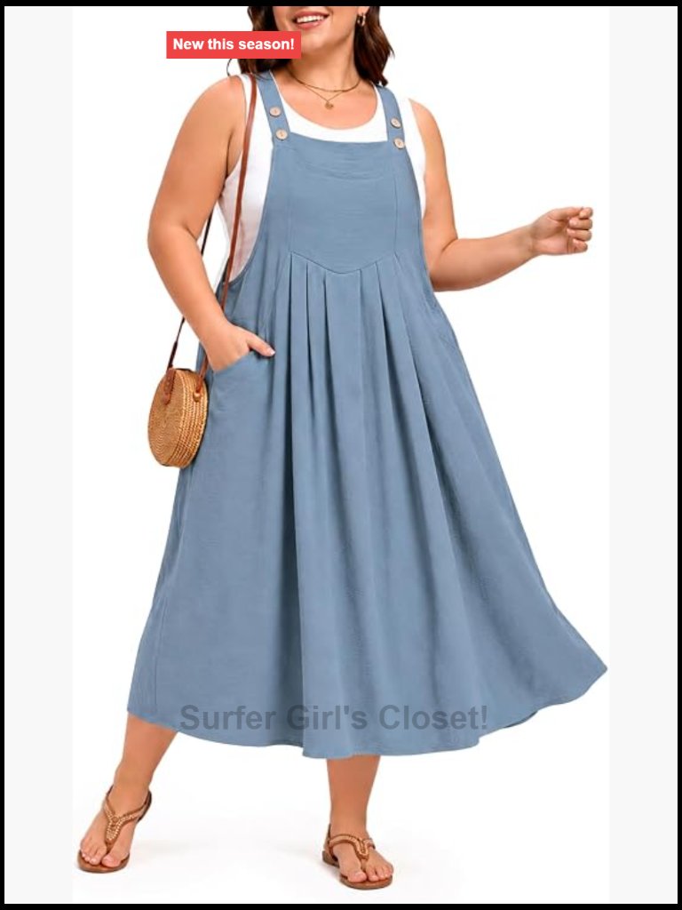 Plus Size Maxi Dress With Pockets Adjustable Straps A-Line Loose Fit Jumper For